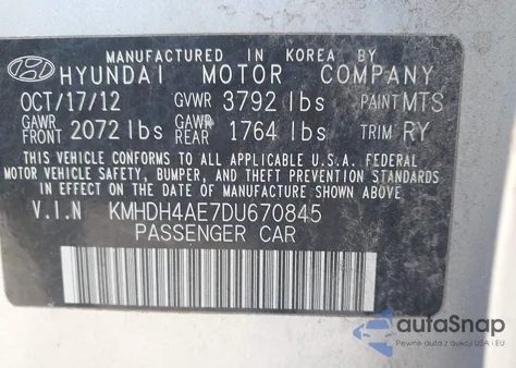 2013 Hyundai Elantra Limited from USA, damaged, VIN KMHDH4AE7DU670845